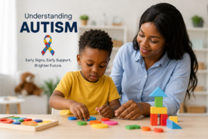 Parent learning about the early signs of autism in children and child development
